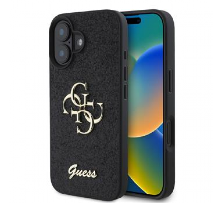 Guess PU Fixed Glitter 4G Metal Logo Zadní Kryt pro iPhone 16 Black