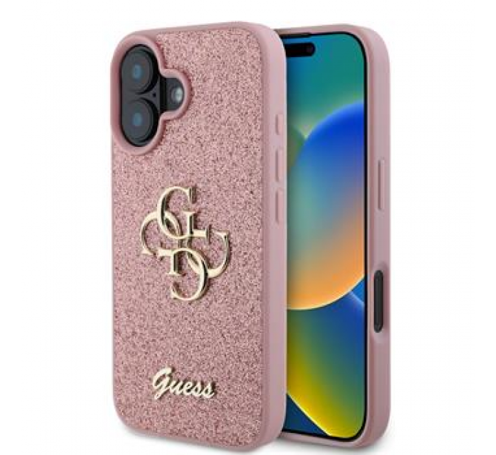 Guess PU Fixed Glitter 4G Metal Logo Zadní Kryt pro iPhone 16 Pink