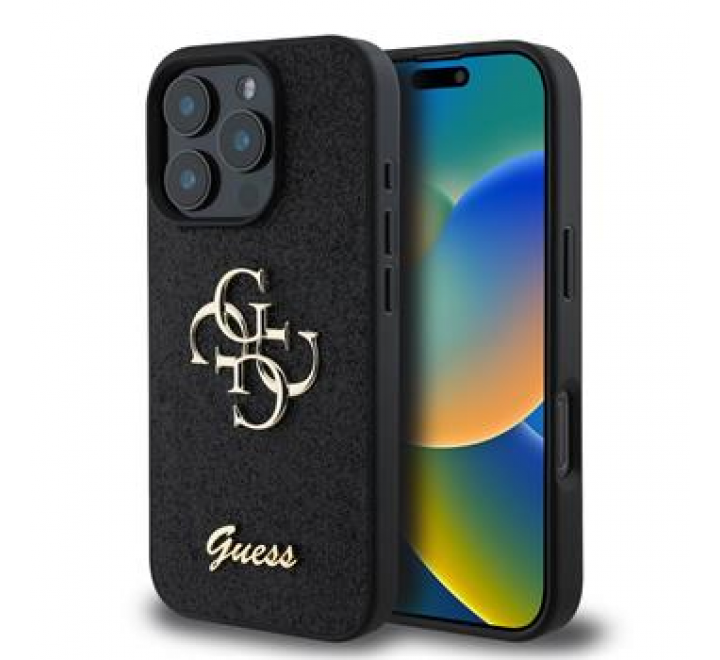 Guess PU Fixed Glitter 4G Metal Logo Zadní Kryt pro iPhone 16 Pro Max Black
