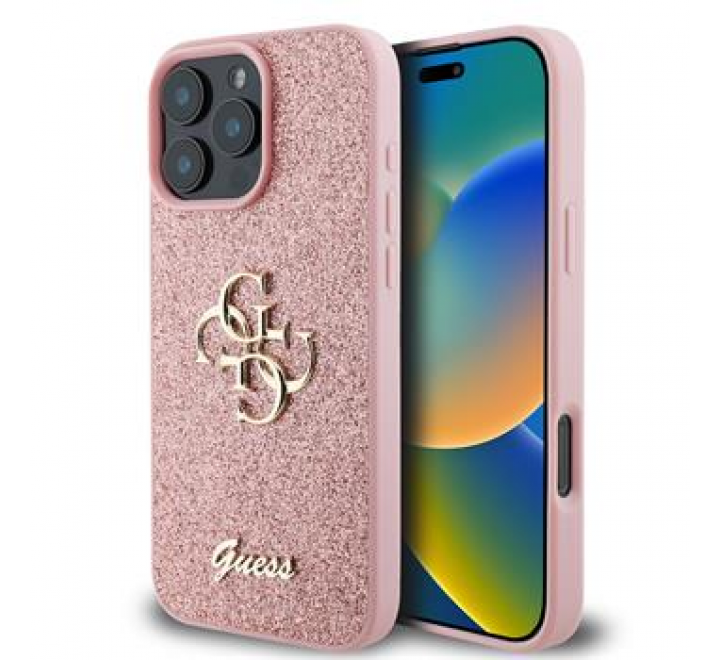 Guess PU Fixed Glitter 4G Metal Logo Zadní Kryt pro iPhone 16 Pro Pink