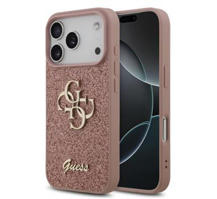 Guess PU Fixed Glitter 4G Metal Logo Zadní Kryt pro iPhone 17 Pro Pink