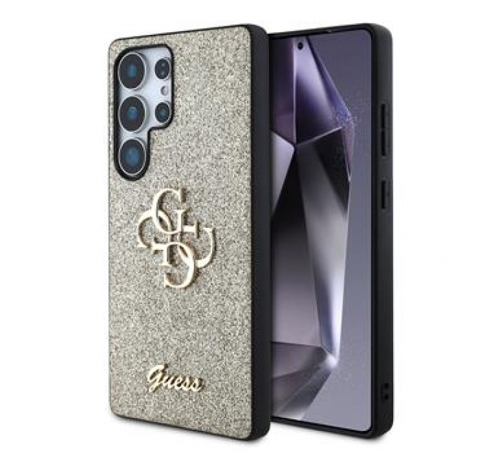 Guess PU Fixed Glitter 4G Metal Logo Zadní Kryt pro Samsung Galaxy S25 Ultra Gold