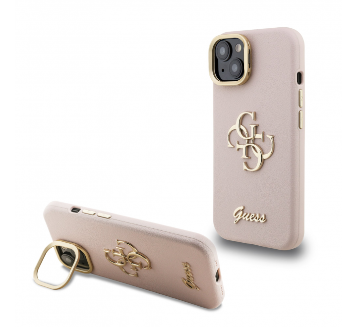 Guess PU Grained 4G Logo Stand Camera Frame Zadní Kryt pro iPhone 13 Pink