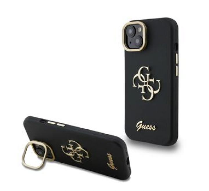 Guess PU Grained 4G Logo Stand Camera Frame Zadní Kryt pro iPhone 15 Black