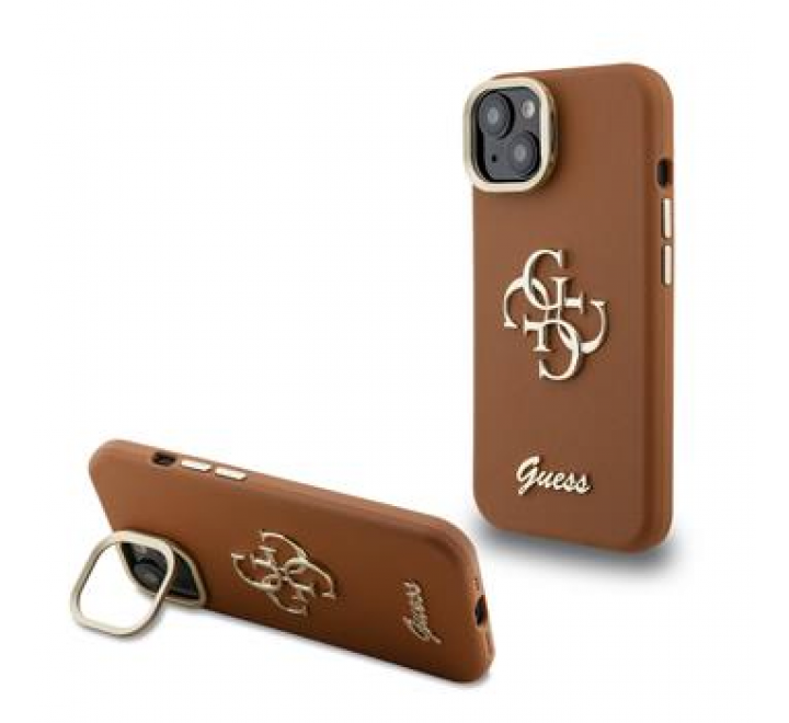 Guess PU Grained 4G Logo Stand Camera Frame Zadní Kryt pro iPhone 15 Brown