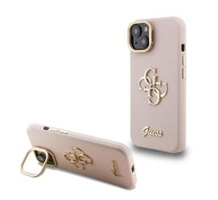 Guess PU Grained 4G Logo Stand Camera Frame Zadní Kryt pro iPhone 15 Pink