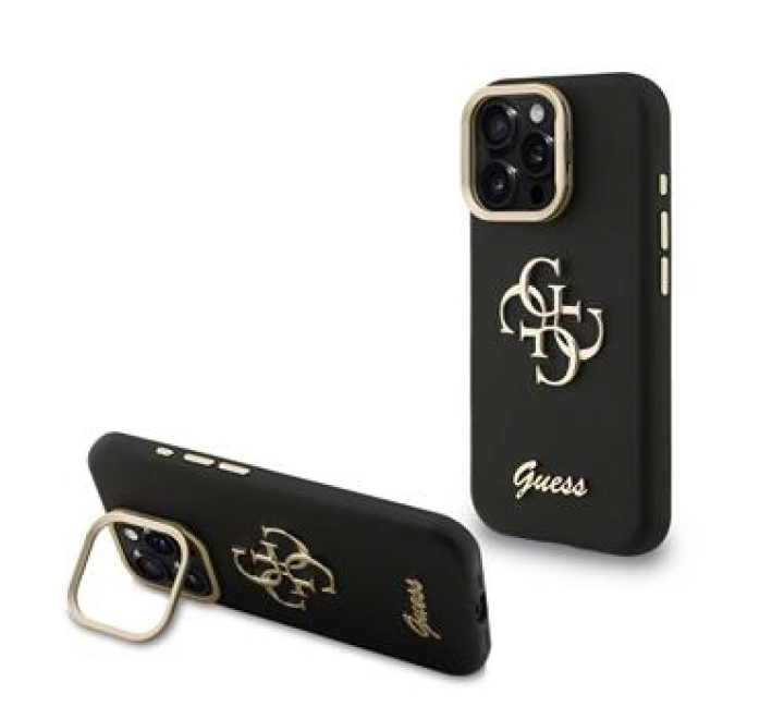 Guess PU Grained 4G Logo Stand Camera Frame Zadní Kryt pro iPhone 15 Pro Black