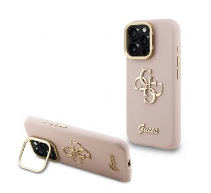 Guess PU Grained 4G Logo Stand Camera Frame Zadní Kryt pro iPhone 15 Pro Max Pink