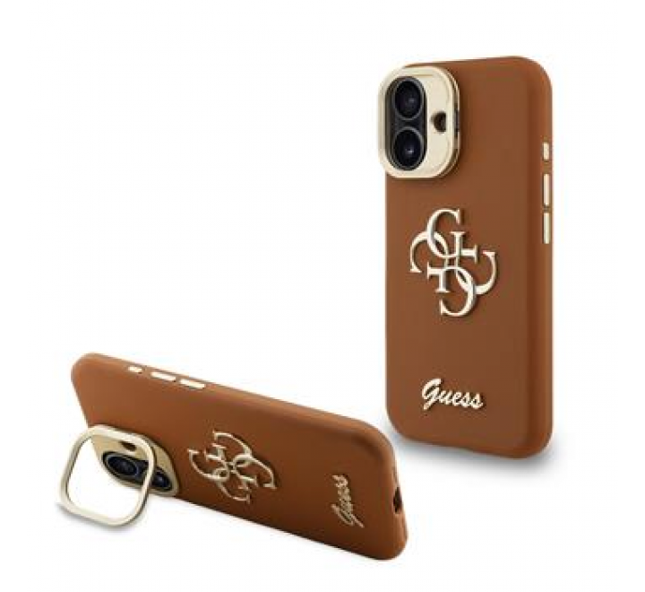 Guess PU Grained 4G Logo Stand Camera Frame Zadní Kryt pro iPhone 16 Brown