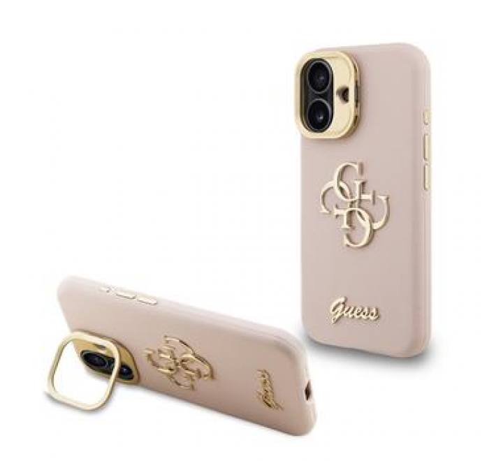 Guess PU Grained 4G Logo Stand Camera Frame Zadní Kryt pro iPhone 16 Pink