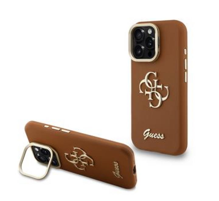 Guess PU Grained 4G Logo Stand Camera Frame Zadní Kryt pro iPhone 16 Pro Brown