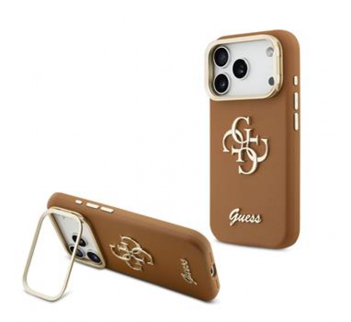 Guess PU Grained 4G Logo Stand Camera Frame Zadní Kryt pro iPhone 17 Pro Brown