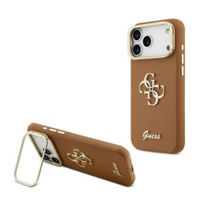 Guess PU Grained 4G Logo Stand Camera Frame Zadní Kryt pro iPhone 17 Pro Max Brown