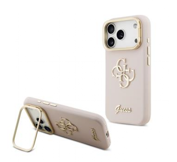 Guess PU Grained 4G Logo Stand Camera Frame Zadní Kryt pro iPhone 17 Pro Pink