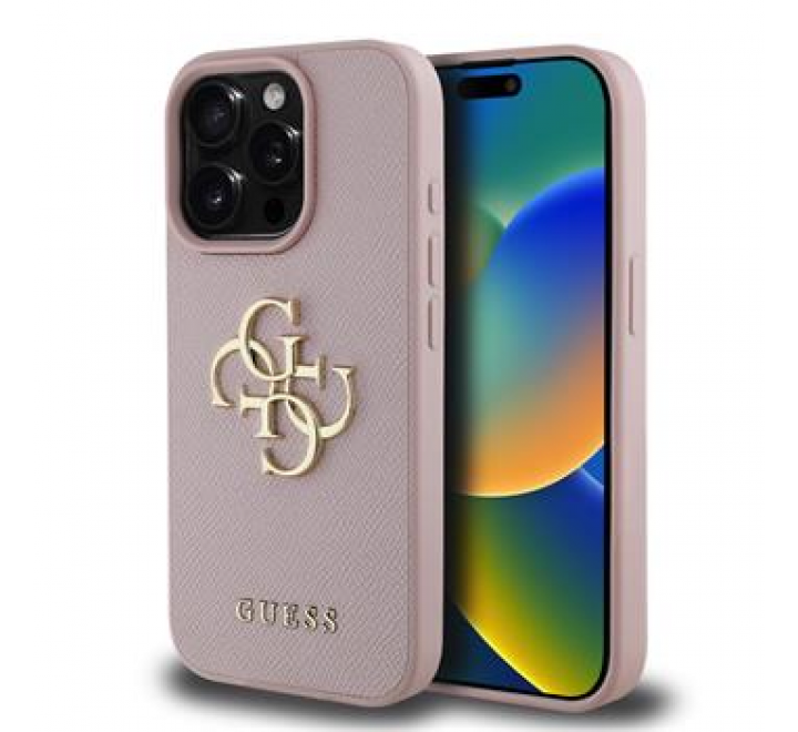 Guess PU Grained 4G Metal Logo Zadní Kryt pro iPhone 15 Pro Max Pink
