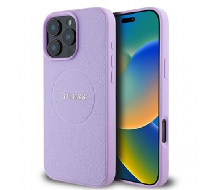 Guess PU Grained Classic Logo MagSafe Zadní Kryt pro iPhone 16 Pro Purple