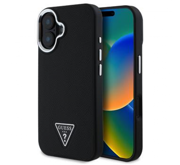 Guess PU Grained Triangle Logo Zadní Kryt pro iPhone 16 Black