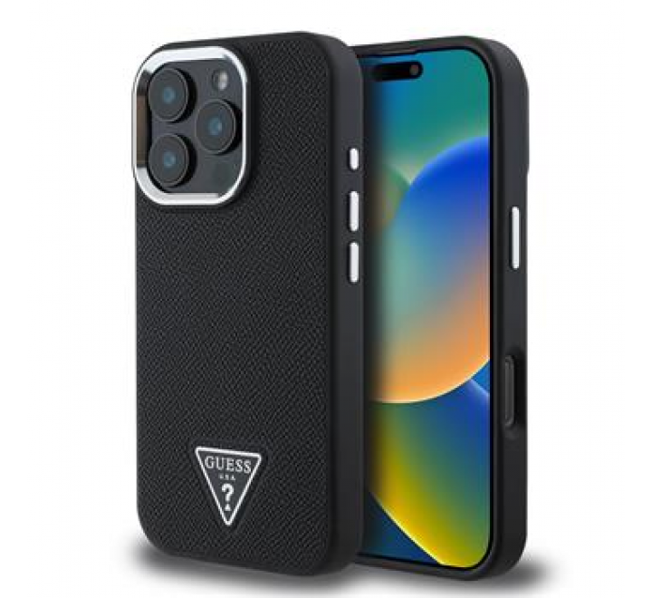 Guess PU Grained Triangle Logo Zadní Kryt pro iPhone 16 Pro Black