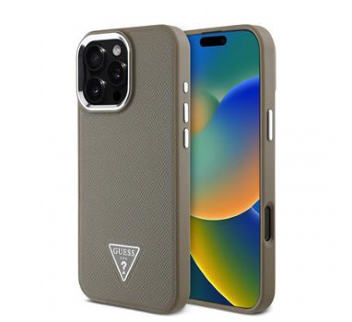 Guess PU Grained Triangle Logo Zadní Kryt pro iPhone 16 Pro Max Brown