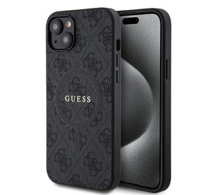 Guess PU Leather 4G Colored Ring MagSafe Zadní Kryt pro iPhone 15 Plus Black