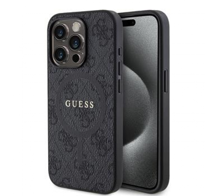 Guess PU Leather 4G Colored Ring MagSafe Zadní Kryt pro iPhone 15 Pro Black