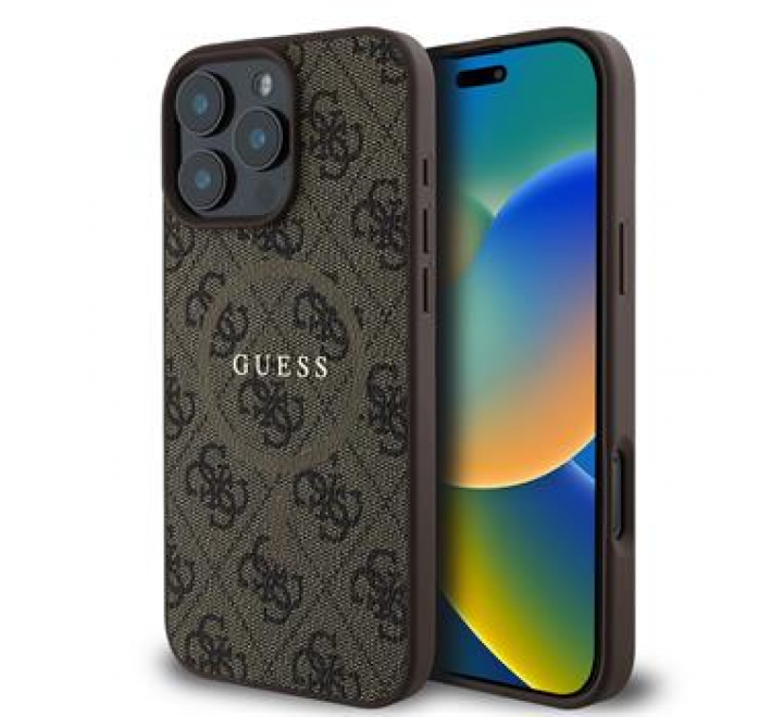 Guess PU Leather 4G Colored Ring MagSafe Zadní Kryt pro iPhone 16 Pro Brown