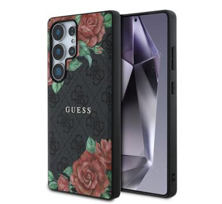 Guess PU Leather 4G Flowers Print Metal Classic Logo MagSafe Zadní Kryt pro Samsung Galaxy S25 Ultra Black