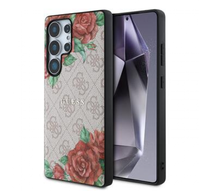 Guess PU Leather 4G Flowers Print Metal Classic Logo MagSafe Zadní Kryt pro Samsung Galaxy S25 Ultra Pink