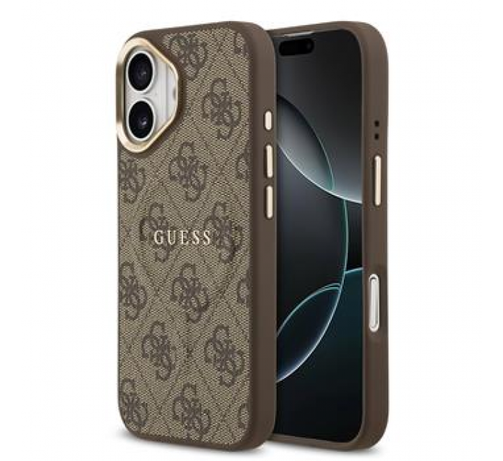 Guess PU Leather 4G Gold Frame MagSafe Zadní Kryt pro iPhone 17 Brown