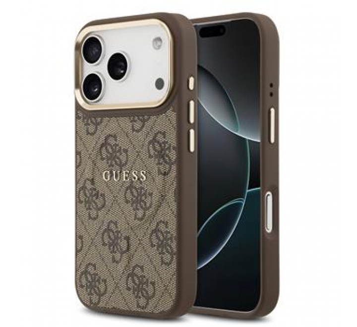 Guess PU Leather 4G Gold Frame MagSafe Zadní Kryt pro iPhone 17 Pro Brown