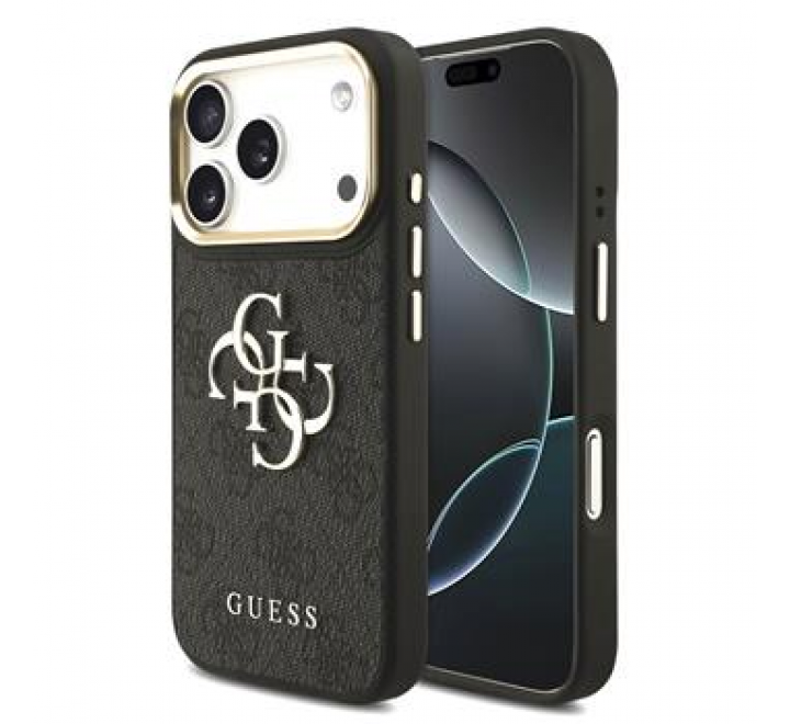 Guess PU Leather 4G Metal Logo Gold Frame MagSafe Zadní Kryt pro iPhone 17 Pro Black