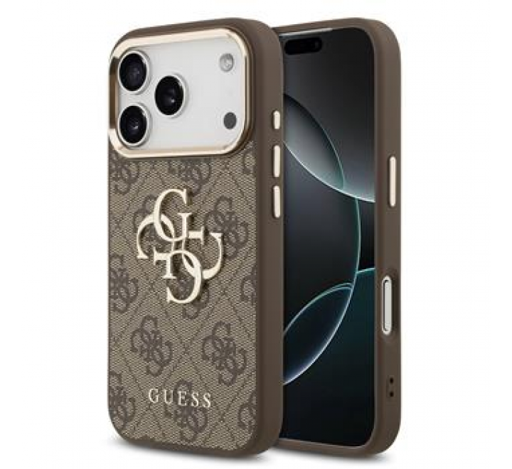 Guess PU Leather 4G Metal Logo Gold Frame MagSafe Zadní Kryt pro iPhone 17 Pro Brown