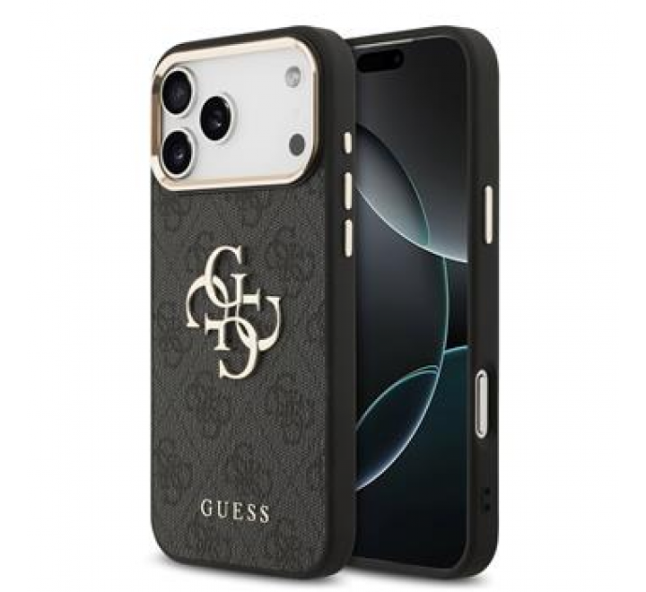 Guess PU Leather 4G Metal Logo Gold Frame MagSafe Zadní Kryt pro iPhone 17 Pro Max Black