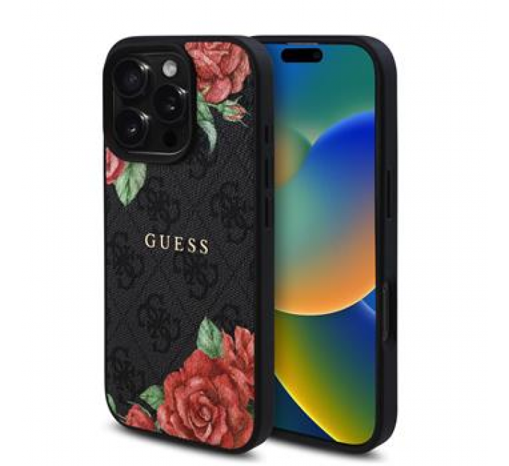 Guess PU Leather 4G Roses MagSafe Zadní Kryt pro iPhone 16 Pro Max Black