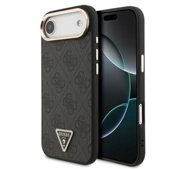 Guess PU Leather 4G Triangle Logo Gold Frame MagSafe Zadní Kryt pro iPhone 17 Air Black