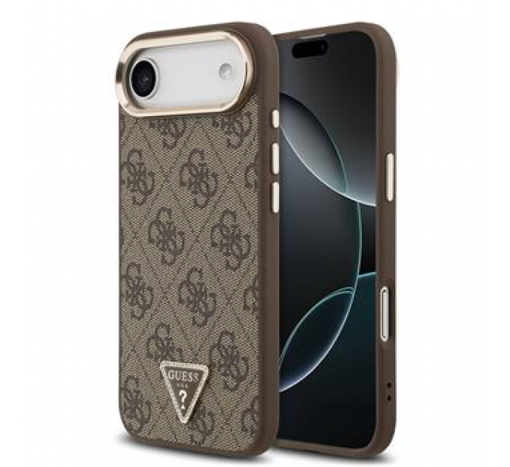 Guess PU Leather 4G Triangle Logo Gold Frame MagSafe Zadní Kryt pro iPhone 17 Air Brown
