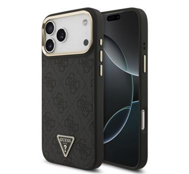Guess PU Leather 4G Triangle Logo Gold Frame MagSafe Zadní Kryt pro iPhone 17 Pro Max Black
