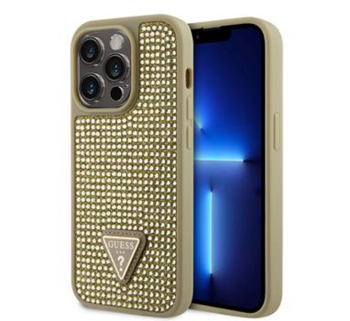 Guess Rhinestones Triangle Metal Logo Kryt pro iPhone 15 Pro Gold