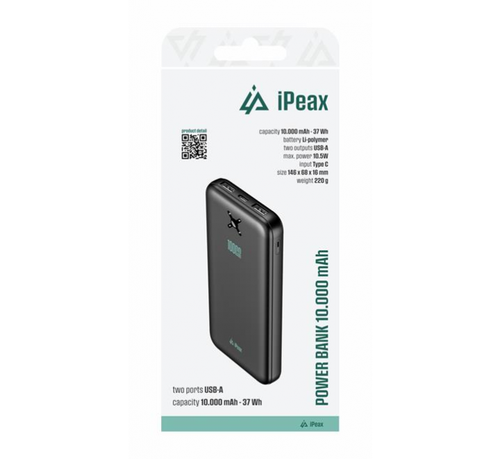 iPEAX POWER BANKA 10000 mAh, 10,5W, 2x USB-A ČERNÁ