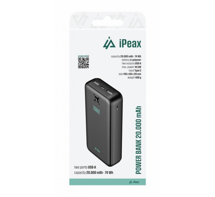 iPEAX POWER BANKA 20000 mAh, 10,5W, 2x USB-A ČERNÁ