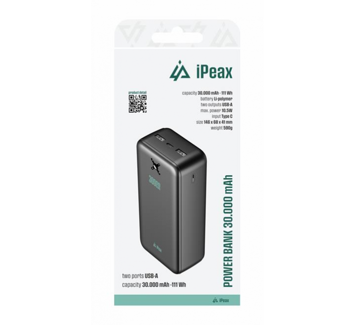 iPEAX POWER BANKA 30000 mAh, 10,5W, 2x USB-A ČERNÁ