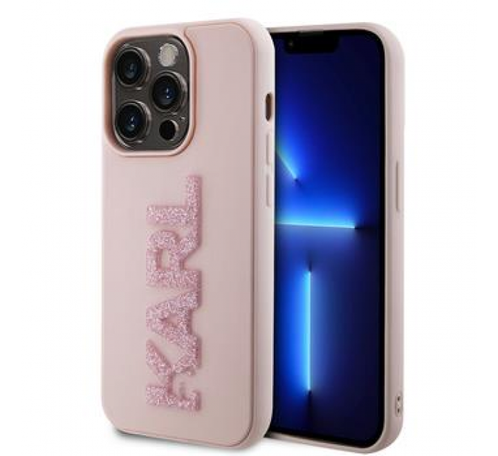 Karl Lagerfeld 3D Rubber Glitter Logo Karl Zadní Kryt pro iPhone 15 Pro Max Pink
