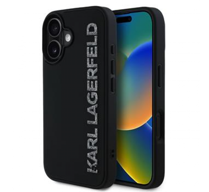 Karl Lagerfeld 3D Rubber Glitter Logo Zadní Kryt pro iPhone 16 Black