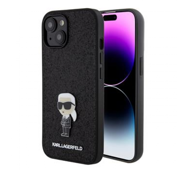 Karl Lagerfeld Fixed Glitter Metal Ikonik Zadní Kryt pro iPhone 15 Black