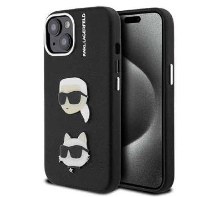 Karl Lagerfeld Grained PU K&CH Heads Zadní Kryt pro iPhone 15 Black