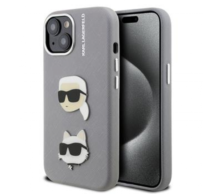 Karl Lagerfeld Grained PU K&CH Heads Zadní Kryt pro iPhone 15 Grey