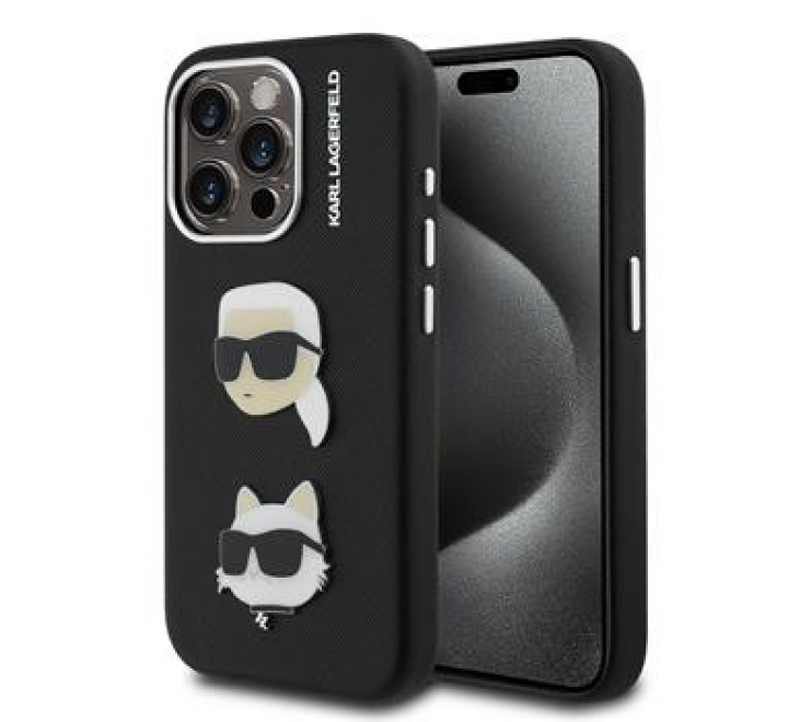 Karl Lagerfeld Grained PU K&CH Heads Zadní Kryt pro iPhone 15 Pro Max Black