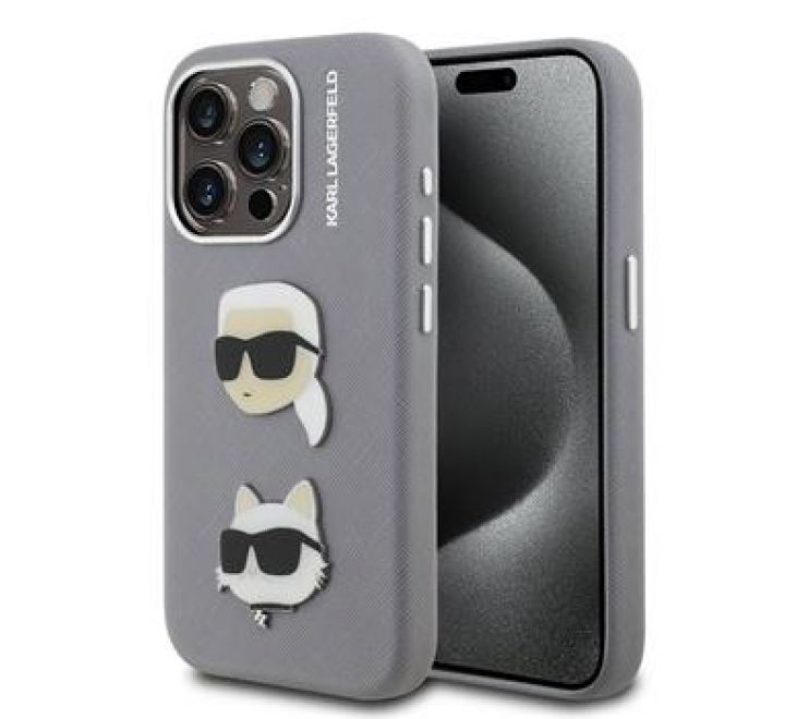 Karl Lagerfeld Grained PU K&CH Heads Zadní Kryt pro iPhone 15 Pro Max Grey
