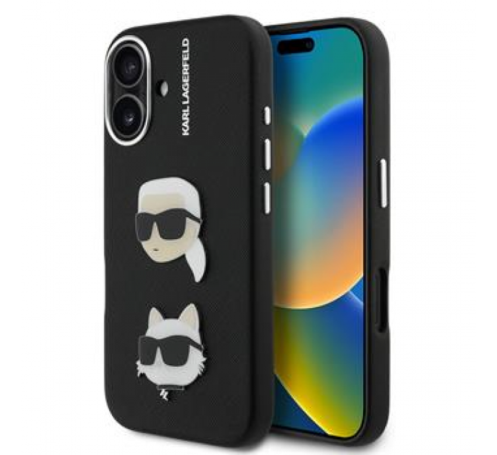 Karl Lagerfeld Grained PU K&CH Heads Zadní Kryt pro iPhone 16 Black