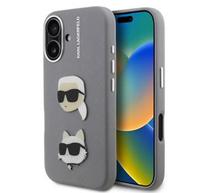 Karl Lagerfeld Grained PU K&CH Heads Zadní Kryt pro iPhone 16 Grey